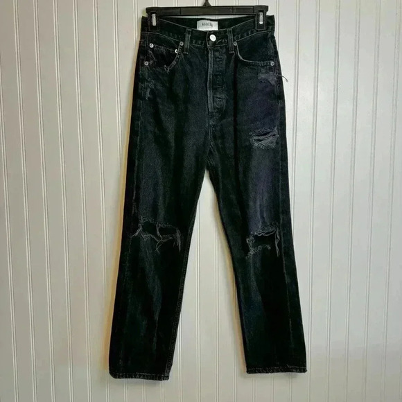 Agolde 90's Crop Black Distressed Jeans Button Fly 22” waist - Picture 1 of 6